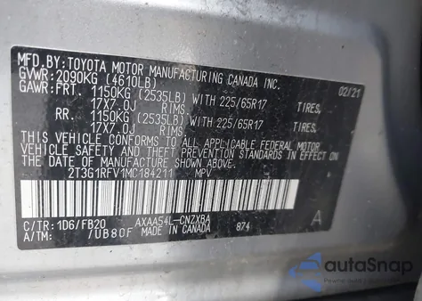 2021 Toyota Rav4 Le из США, поврежденный, VIN 2T3G1RFV1MC184211